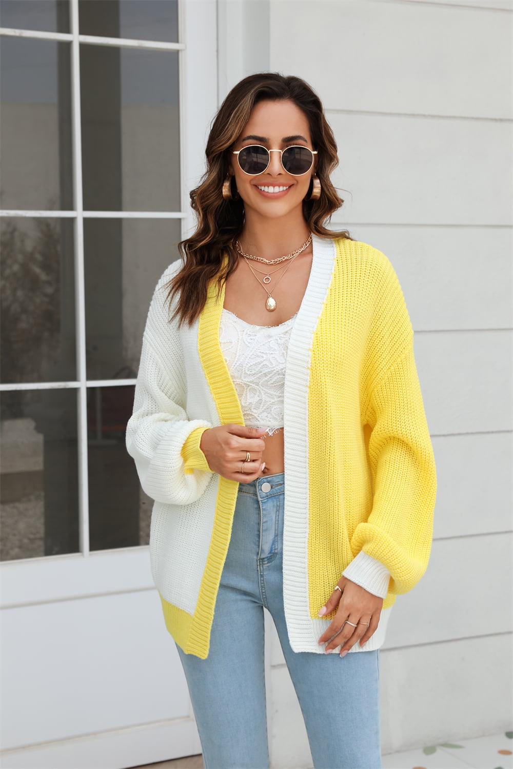 Open Front Contrast Color Balloon Sleeve Cardigan - Flyclothing LLC