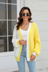 Open Front Contrast Color Balloon Sleeve Cardigan - Flyclothing LLC