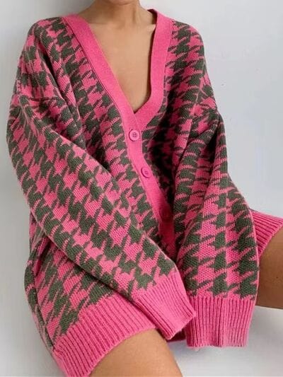 Houndstooth Button Up Long Sleeve Cardigan - Flyclothing LLC