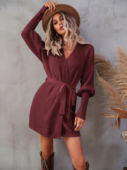 Belted Surplice Lantern Sleeve Wrap Sweater Dress - Trendsi