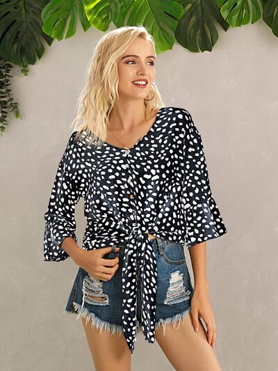 Tied Printed Button Up V-Neck Blouse - Flyclothing LLC