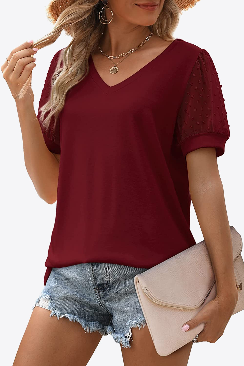 Swiss Dot Puff Sleeve V-Neck Tee - Flyclothing LLC