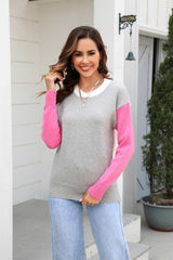 Round Neck Contrast Color Dropped Shoulder Sweater - Flyclothing LLC