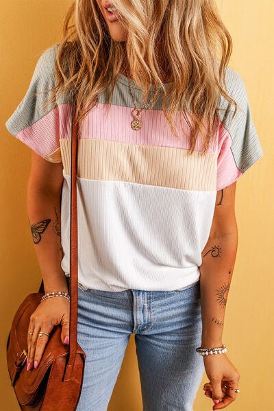 Color Block Round Neck Short Sleeve T-Shirt - Trendsi