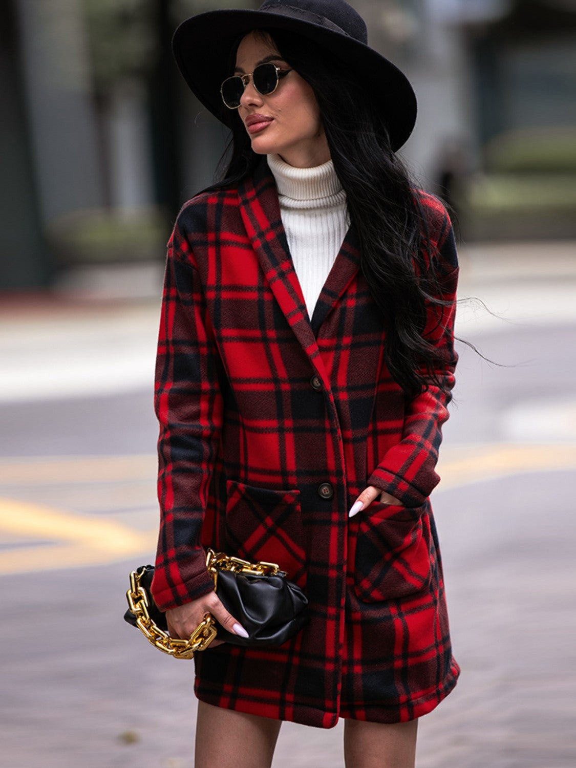 Plaid Shawl Collar Coat with Pockets | Flyclothing LLC