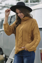 Cable-Knit Turtleneck Dropped Shoulder Sweater - Trendsi