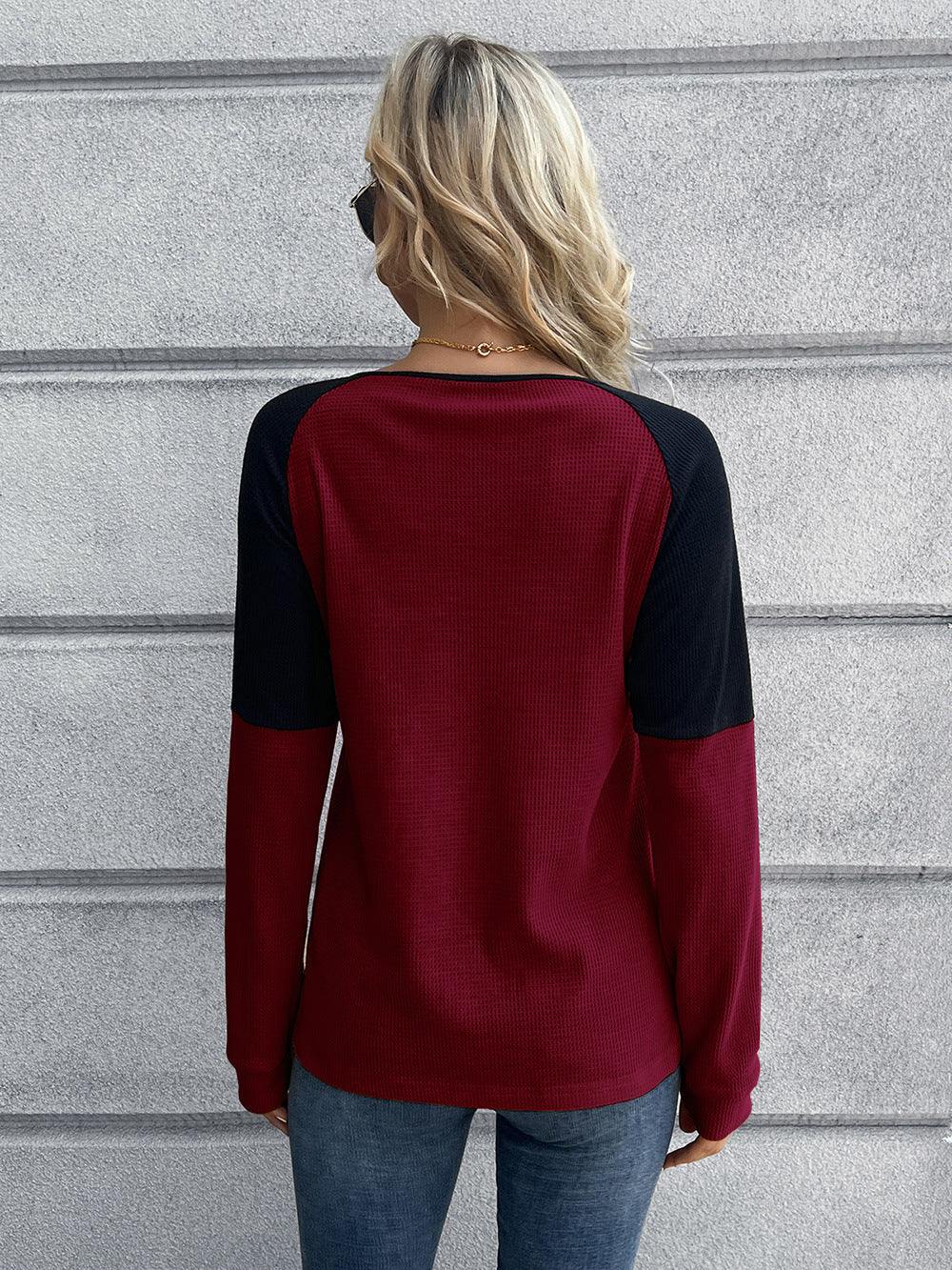 Contrast Buttoned Round Neck Raglan Sleeve Top - Flyclothing LLC