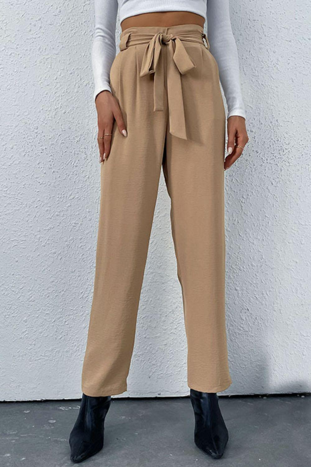 Belted Straight Leg Pants with Pockets - Flyclothing LLC