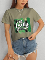 ONE LUCKY MAMA Round Neck T-Shirt - Trendsi