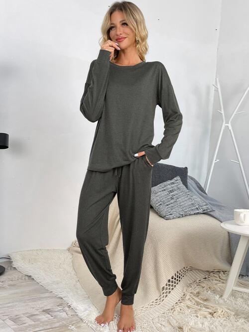 Round Neck Top and Drawstring Pants Lounge Set - Flyclothing LLC