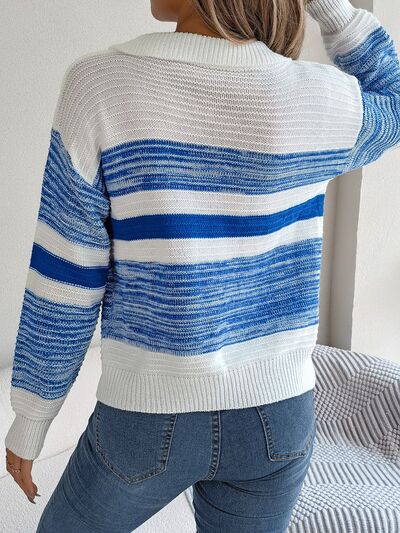 Striped Collared Neck Long Sleeve Sweater - Flyclothing LLC