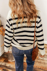 Striped Collared Neck Long Sleeve Sweater - Flyclothing LLC