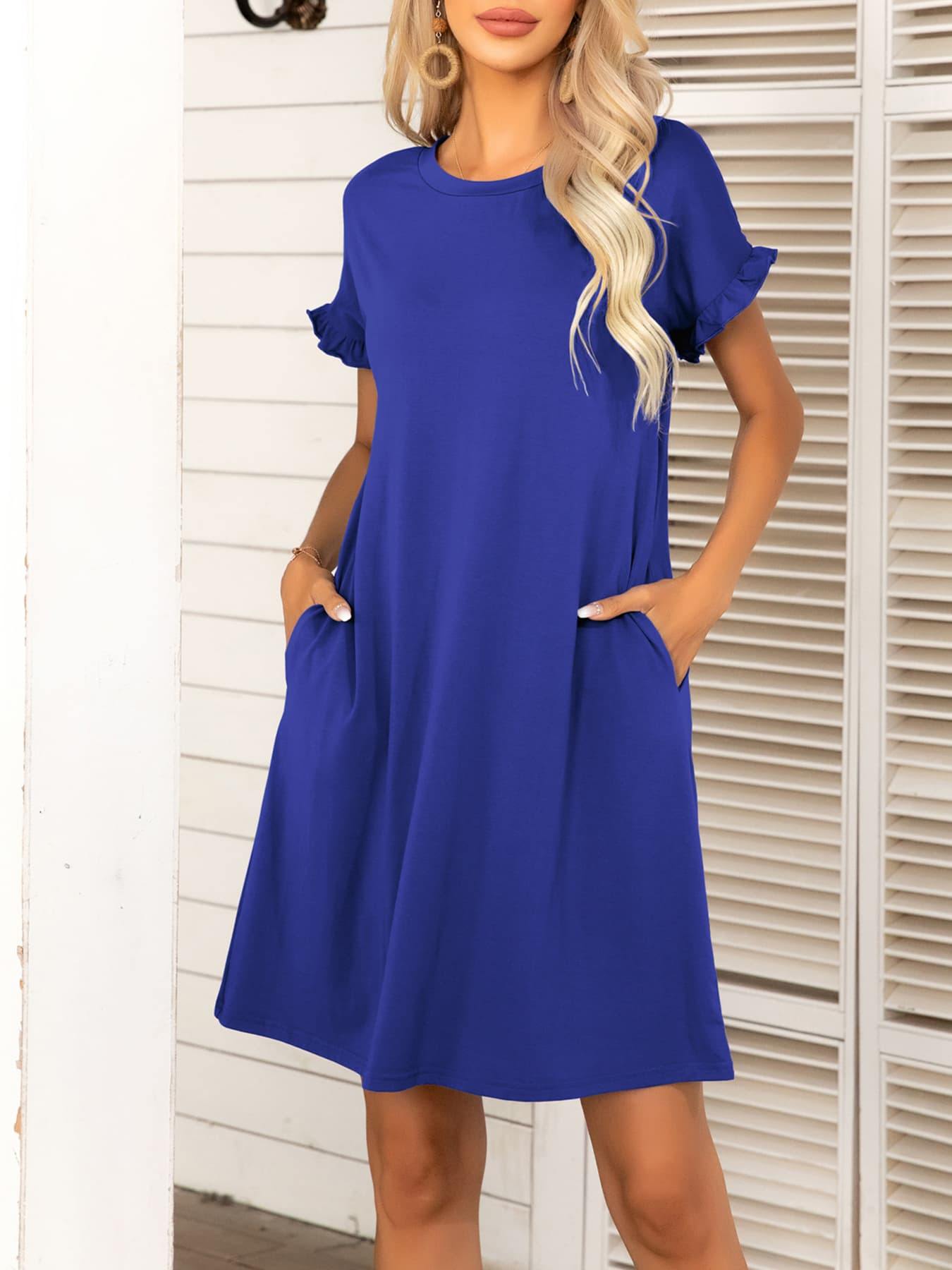 Round Neck Flounce Sleeve Dress with Pockets - Flyclothing LLC