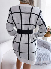 Plaid Round Neck Dropped Shoulder Sweater Dress - Flyclothing LLC