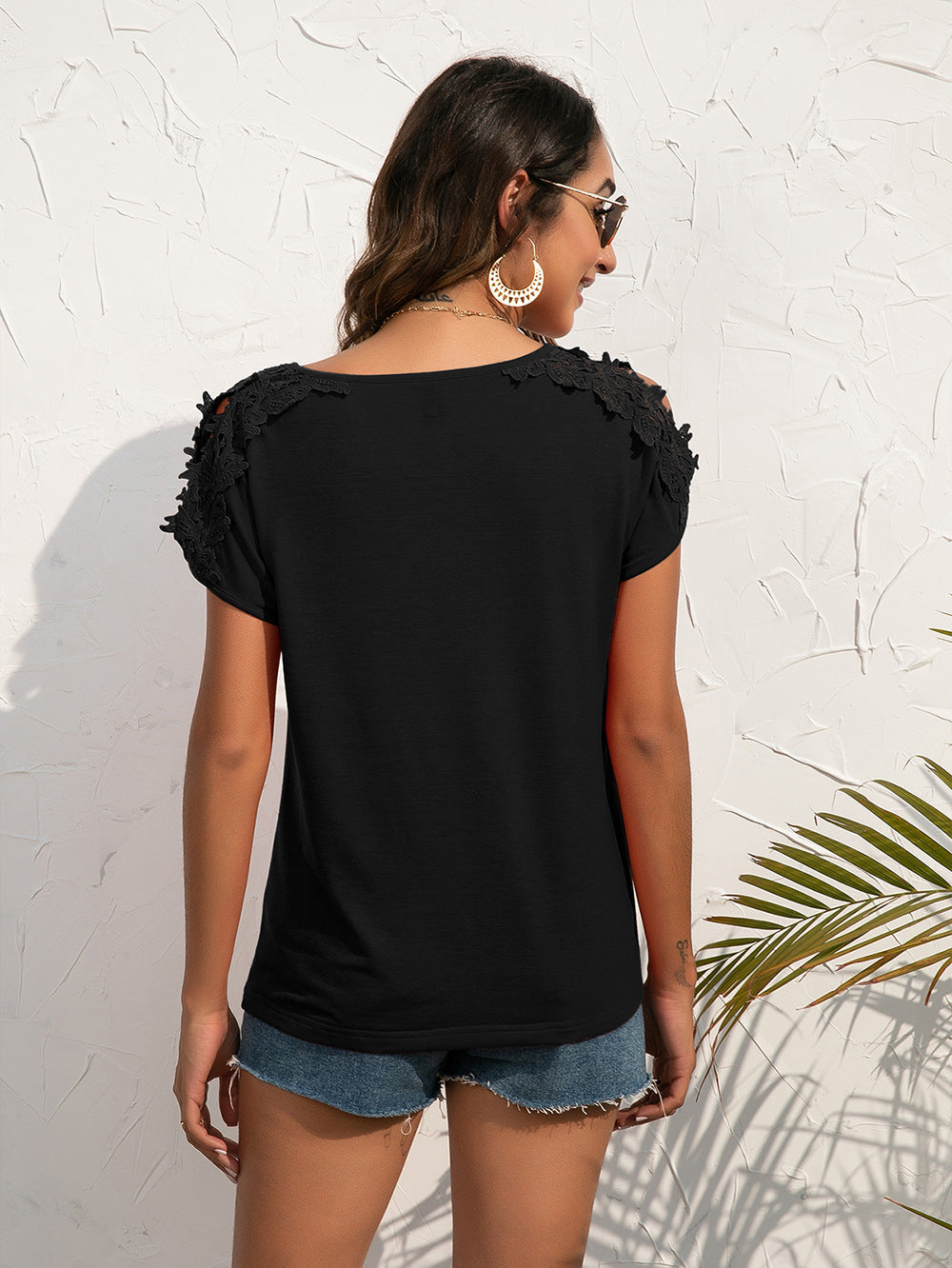 Spliced Lace Cold-Shoulder Blouse - Flyclothing LLC