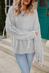 Fringe Round Neck Dropped Shoulder Sweater - Flyclothing LLC