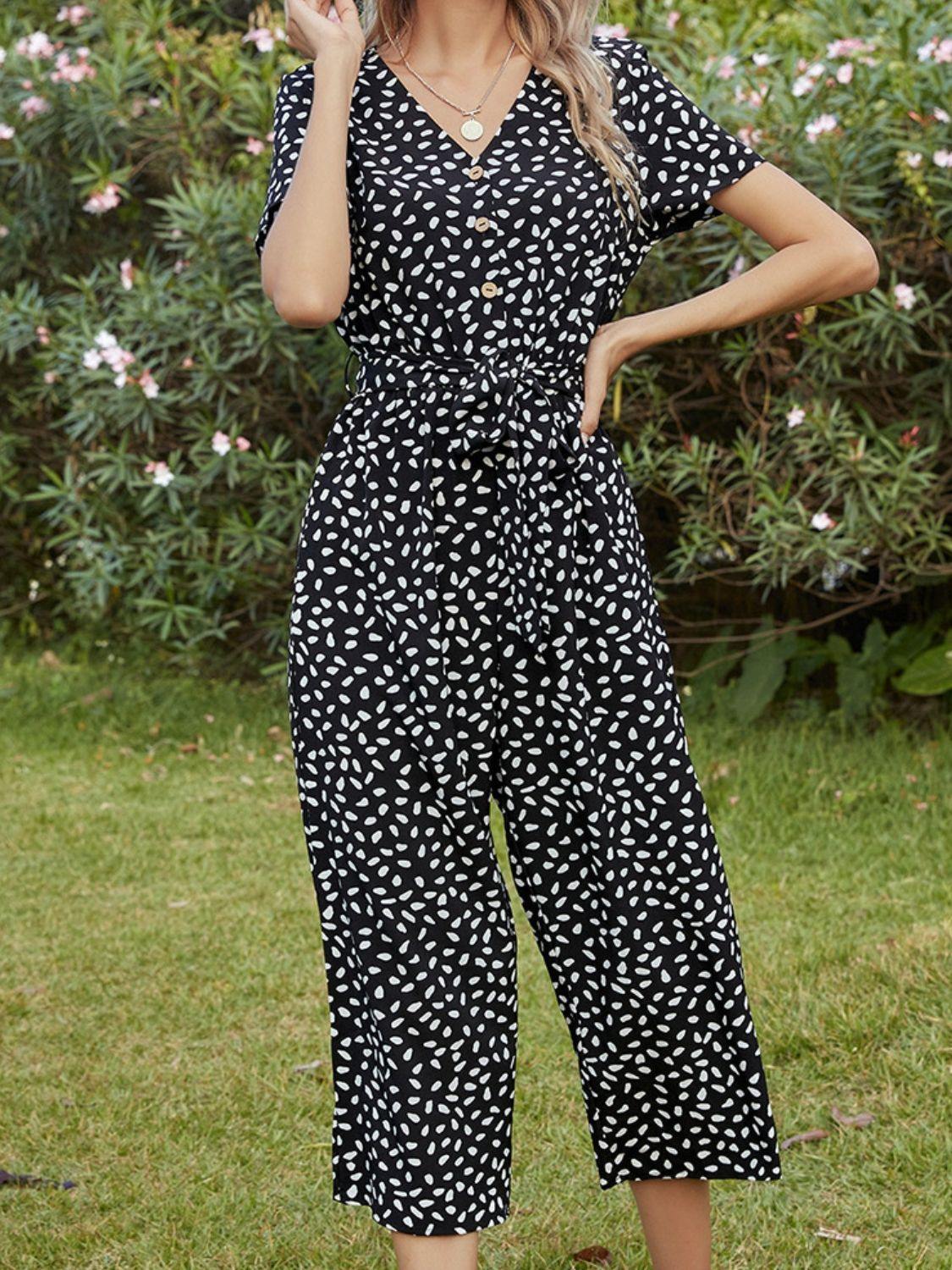 Printed V-Neck Short Sleeve Jumpsuit - Flyclothing LLC