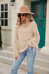 Fringe Round Neck Dropped Shoulder Sweater - Flyclothing LLC