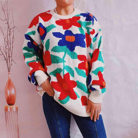 Floral Print Round Neck Drop Shoulder Sweater - Flyclothing LLC