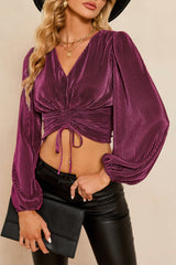 Drawstring V-Neck Balloon Sleeve Blouse - Flyclothing LLC