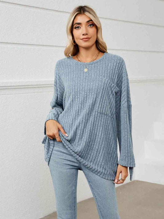 Round Neck Ribbed Long Sleeve T-Shirt - Flyclothing LLC