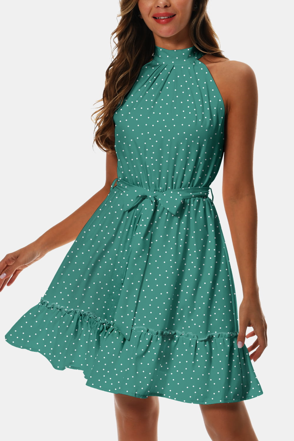 Printed Tie Waist Frill Trim Dress - Flyclothing LLC