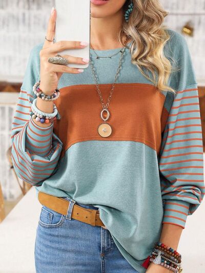 Round Neck Striped Long Sleeve Slit T-Shirt - Flyclothing LLC