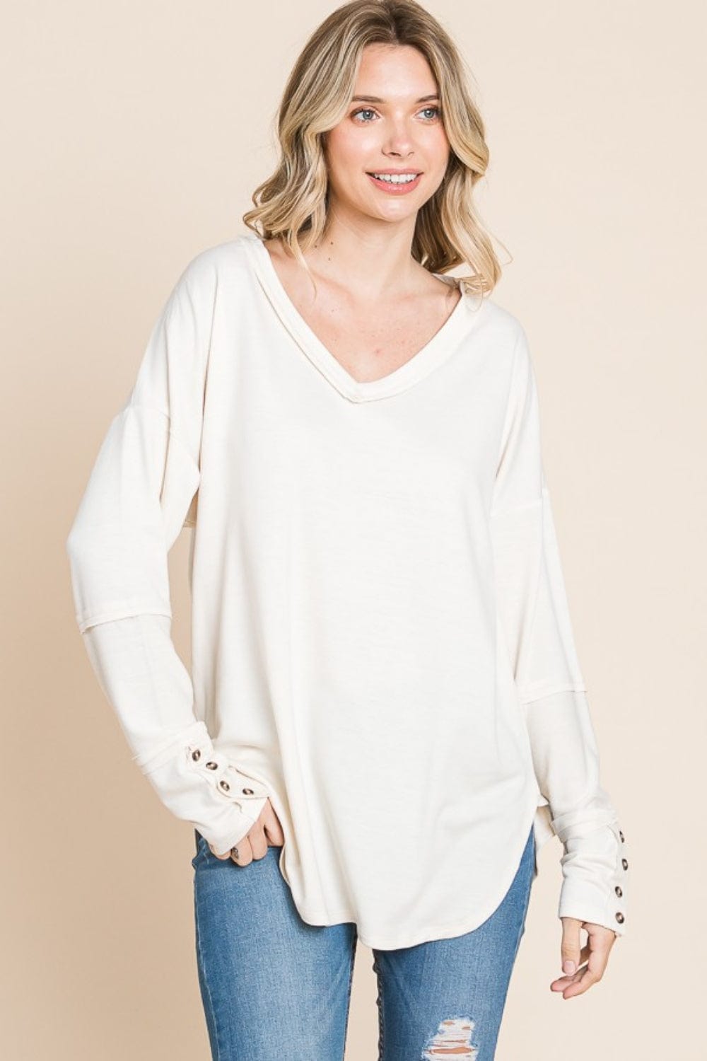 Culture Code Full Size V-Neck Dropped Shoulder Blouse - Flyclothing LLC