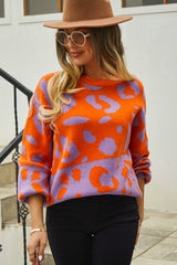 Leopard Round Neck Dropped Shoulder Sweater - Flyclothing LLC