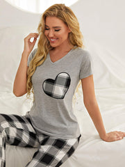 Plaid Heart Tee and Pants Lounge Set with Pockets - Flyclothing LLC