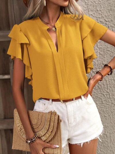 Ruffled Notched Short Sleeve Blouse - Flyclothing LLC