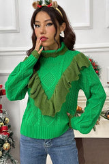 Cable-Knit Ruffled Mock Neck Lantern Sleeve Sweater - Trendsi