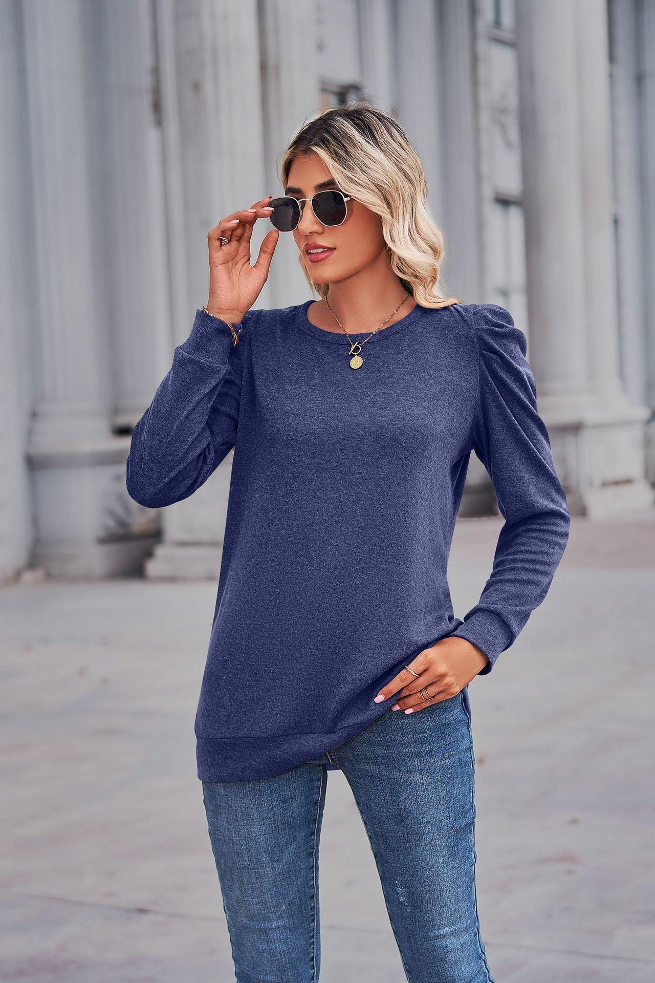 Heathered Puff Sleeve Round Neck Tunic Top - Trendsi