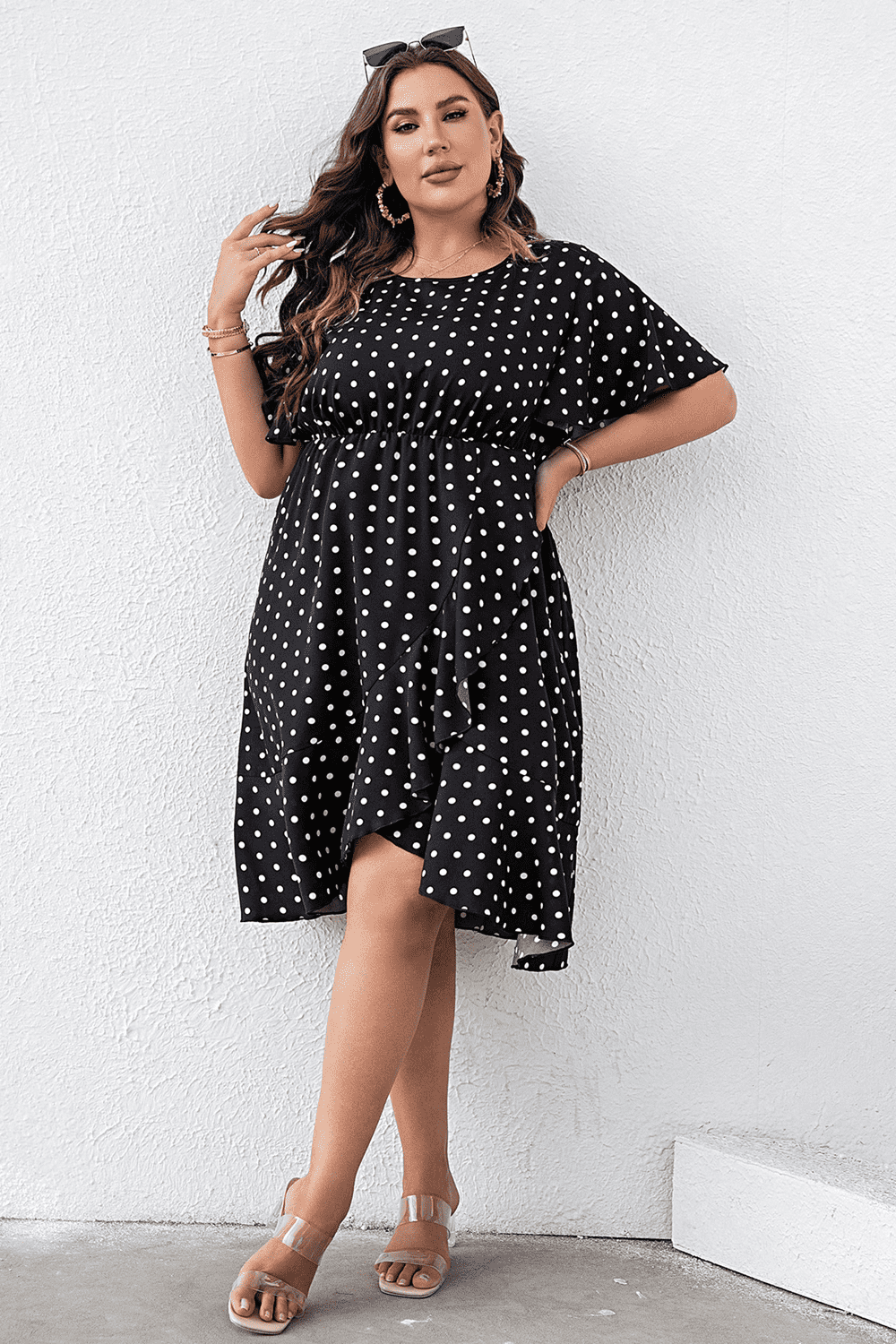 Plus Size Polka Dot Flutter Sleeve Dress - Flyclothing LLC