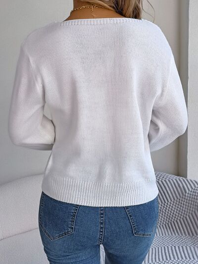 Cable-Knit Square Neck Long Sleeve Sweater - Flyclothing LLC