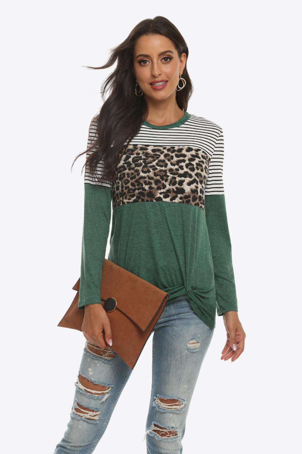 Mixed Print Gathered Detail Long Sleeve Top - Flyclothing LLC