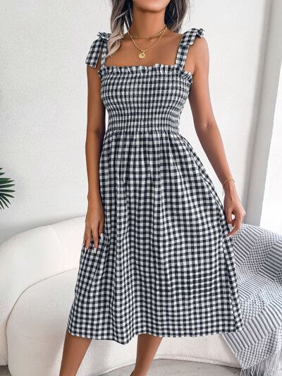 Frill Plaid Square Neck Midi Dress - Flyclothing LLC