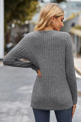 Ribbed Half Button Long Sleeve Knit Top - Trendsi