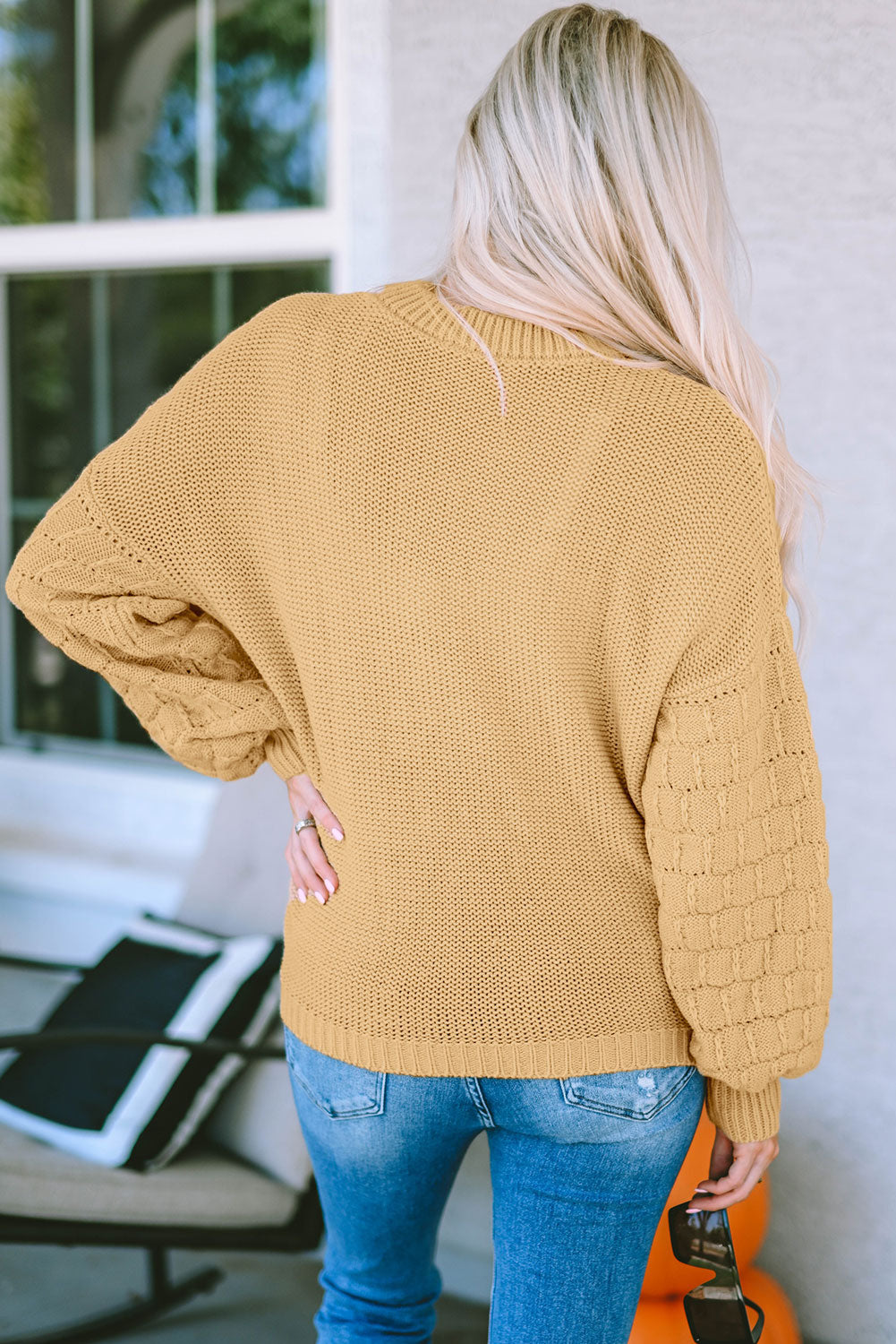 Round Neck Dropped Shoulder Waffle-Knit Sweater - Flyclothing LLC