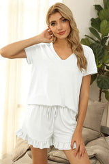 V-Neck Short Sleeve Top and Drawstring Shorts Lounge Set - Flyclothing LLC