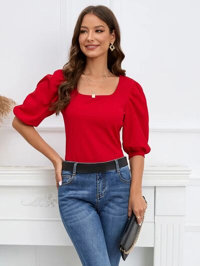 Square Neck Lantern Sleeve Blouse - Flyclothing LLC