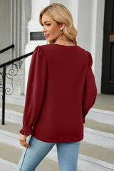 Round Neck Smocked Flounce Sleeve Blouse - Flyclothing LLC