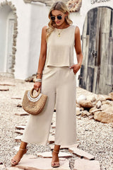 Buttoned Round Neck Tank and Wide Leg Pants Set - Flyclothing LLC