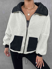 Contrast Drawstring Collared Neck Jacket - Trendsi