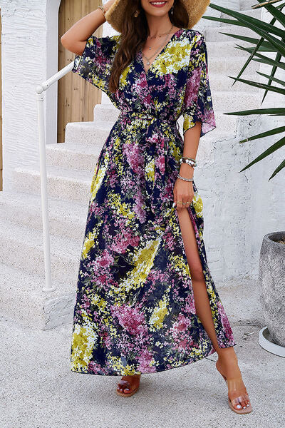 Printed Tied Half Sleeve Slit Dress - Flyclothing LLC