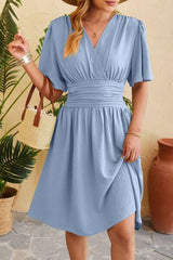 Ruched Surplice Short Sleeve Dress - Flyclothing LLC