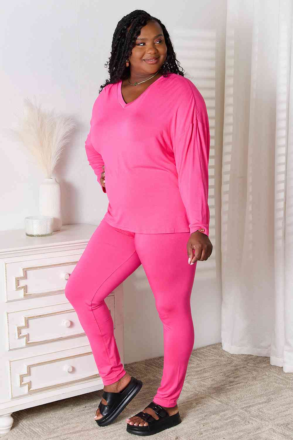 Basic Bae Full Size V-Neck Soft Rayon Long Sleeve Top and Pants Lounge Set - Flyclothing LLC