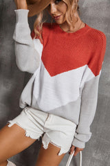 Color Block Round Neck Rib-Knit Sweater - Trendsi