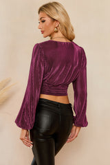 Drawstring V-Neck Balloon Sleeve Blouse - Flyclothing LLC