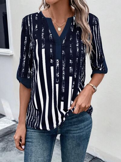 Striped Notched Half Sleeve Blouse - Flyclothing LLC